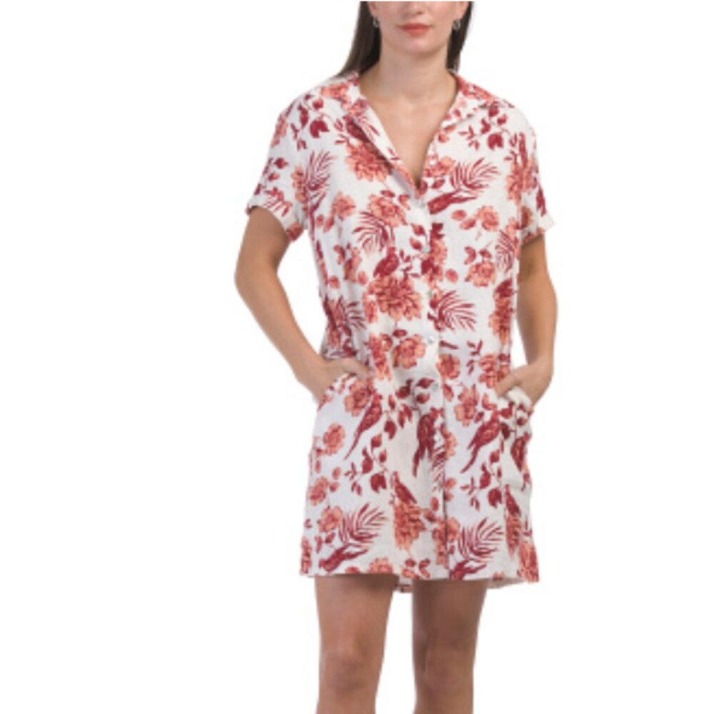RACHEL Zoe 100% Linen Floral Short Sleeve Mini Dress with Pockets